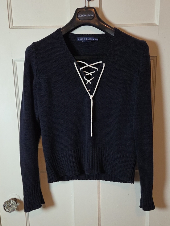 Ralph Lauren Sweaters - Vintage Ralph Lauren Lace-Up Knit Sweater In Navy With White Laces SZ Medium